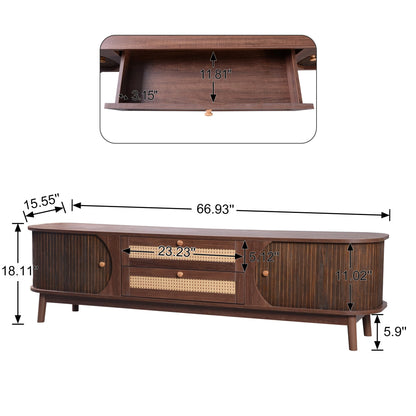 Merax Rattan TV Stand for TVs up to 75", Modern Farmhouse Media Console with Multi-Functional Storage, Boho Entertainment Center with Solid Wood Legs, Television Cabinet for Living Room, Natural+Brown