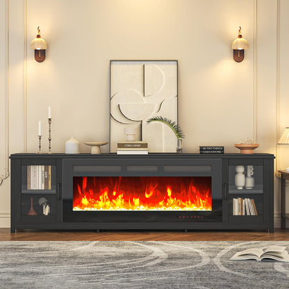 OneBlis 80" Fireplace TV Stand, Modern Entertainment Center with 50" Electric Fireplace for TVs Up to 90", TV Console for Living Room, All Black