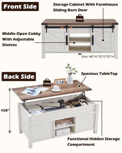 OKD 48" Farmhouse Lift Top Coffee Table with Sliding Barn Door,Rustic Center Table with Hidden Storage Compartment,Lifting Tabletop and Adjustable Shelf for Living Room,Office,Antique White