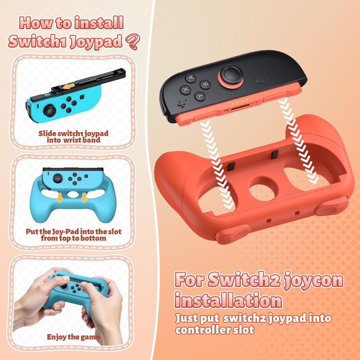 [Switch 1/2 Compatible] FASTSNAIL Grips for Nintendo Switch2 (2025)/Switch&OLED for Joy-Con2, Wear-Resistant & Anti-Slip Controller Grips Handle Kit, Switch2 Joycon Holder Accessories (Orange,Blue)