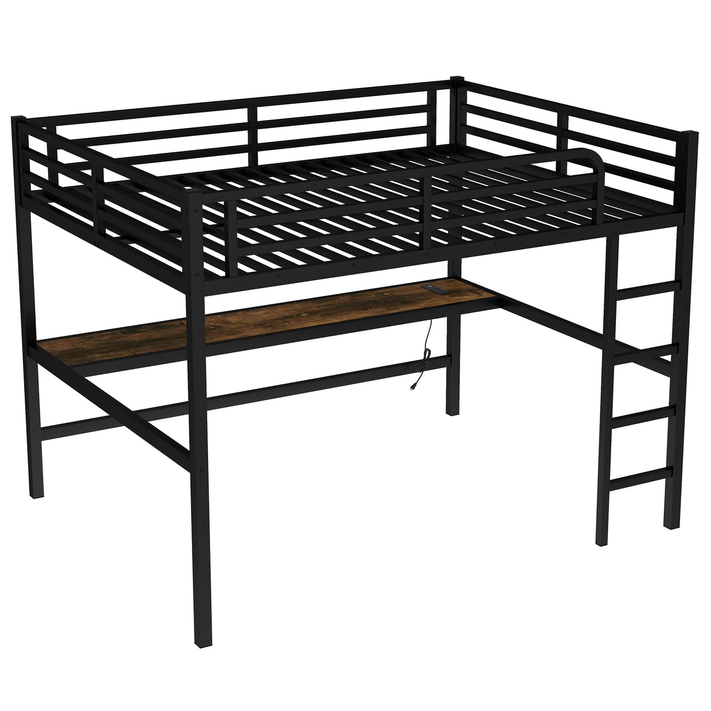 Bellemave Metal Queen Size Loft Bed with Desk and Charging Station,Queen Heavy Duty Loft Bed Frame with LED Lights and USB for Kids,Teens,Adults,Black