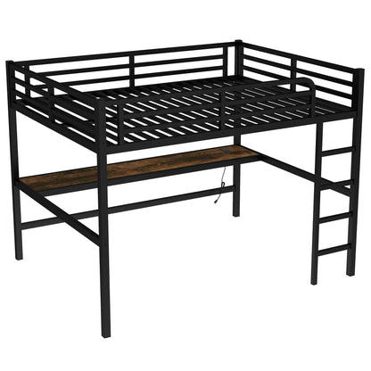 Bellemave Metal Queen Size Loft Bed with Desk and Charging Station,Queen Heavy Duty Loft Bed Frame with LED Lights and USB for Kids,Teens,Adults,Black