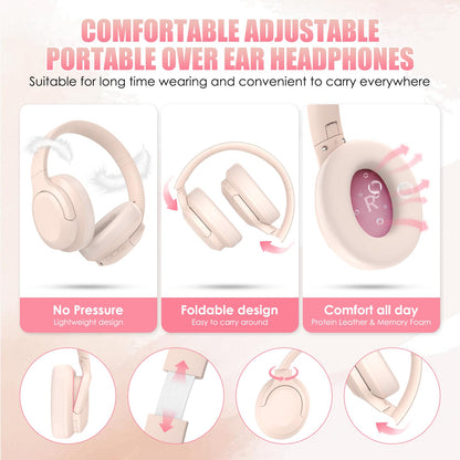 TANKASE Active Noise Cancelling Headphones, Wireless Over Ear Bluetooth Headphones,100H Play Time Bluetooth Headphone with Microphone,Lightweight and Foldable Comfortable Deep Bass for Work/Gym Pink