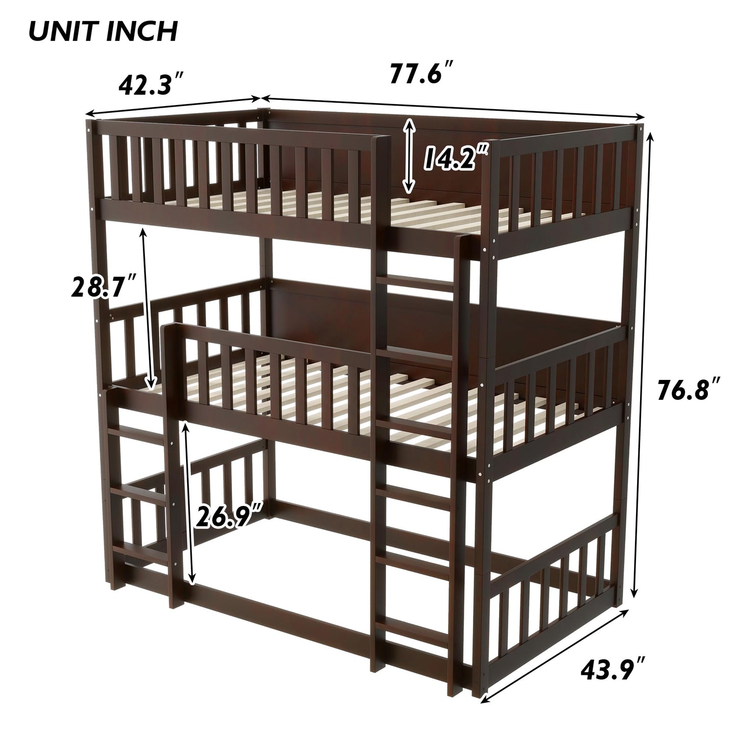 KEIKI Twin Over Twin Over Twin Triple Bunk Bed, Solid Rubber Wood Detachable 3-in-1 Bed Frame with Ladders & Full Guardrails, Space-Saving Boys & Girls Bed for Family & Sleepovers, Espresso