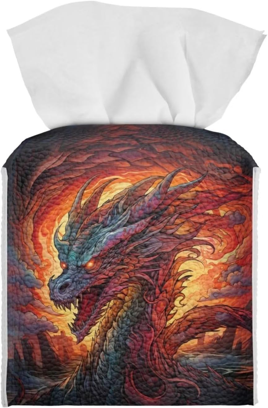 Fire Dragon Tissue Holder Square Cover for Home, Office, and Car, Waterproof Tissue Box Dispenser