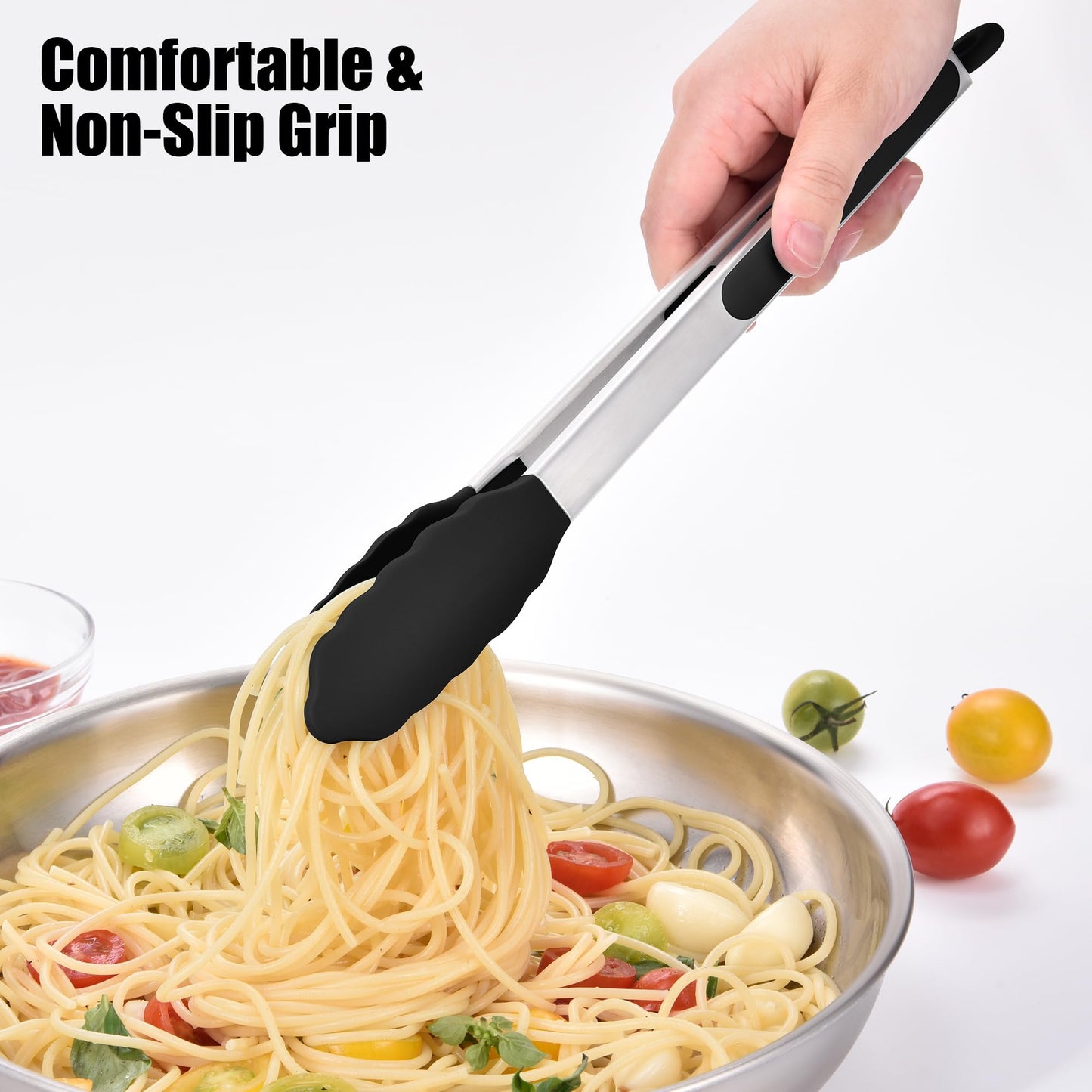 Doosu Kitchen Tongs for Cooking - 600°F Heat Resistant Food Tong Set with Non-Scratch Silicone Tips, Heavy Duty Stainless Steel Locking Tong for BBQ, Grilling Steak, Serving Salad (7+9+12in, Black)