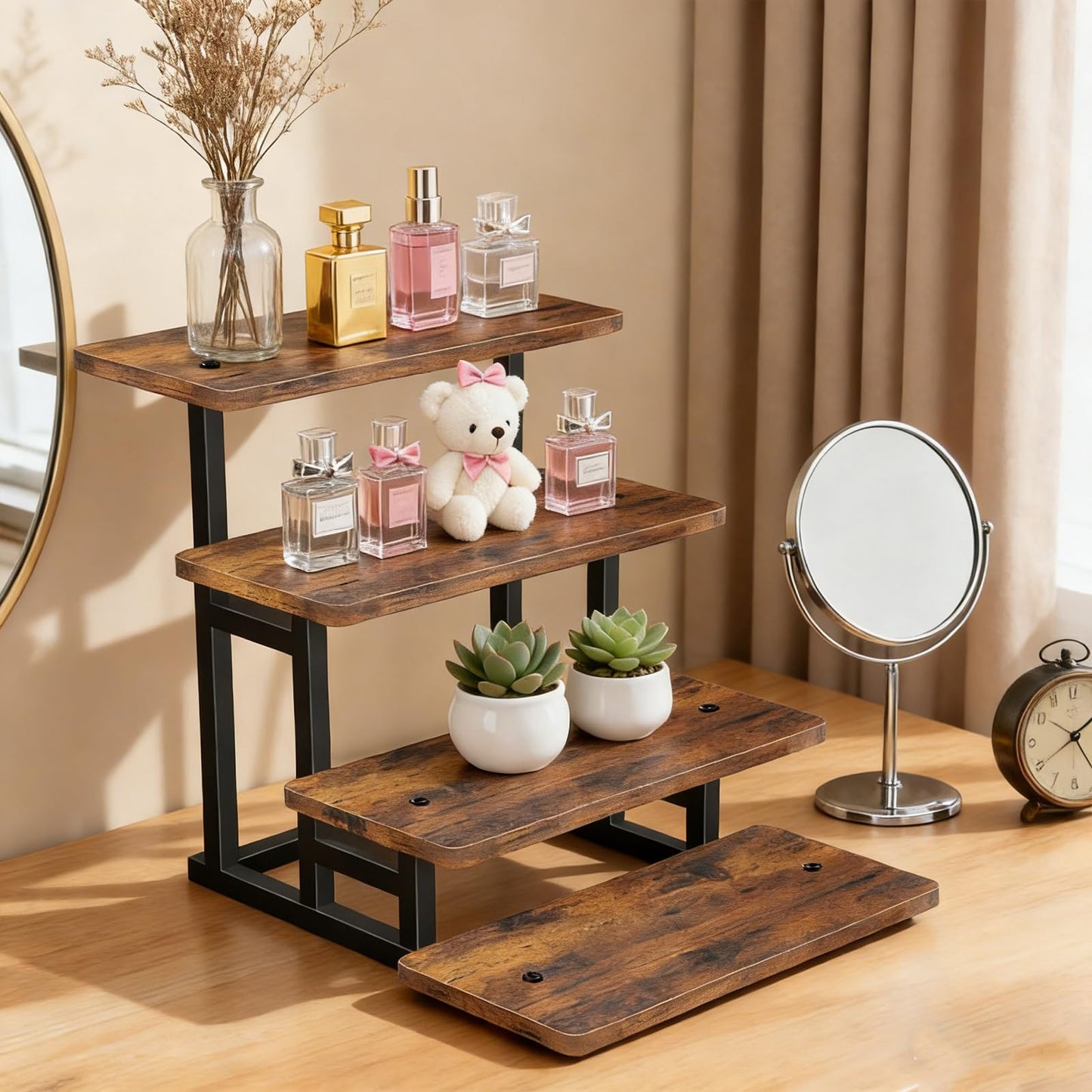 Lilybud--lily Cupcake Stand for 50 Cupcakes, 4 Tier Wooden Risers Display Stands Stepped Dessert Table Display Set with Metal Frame Tiered Tray Stand Serving Trays for Party Farmers Market Display