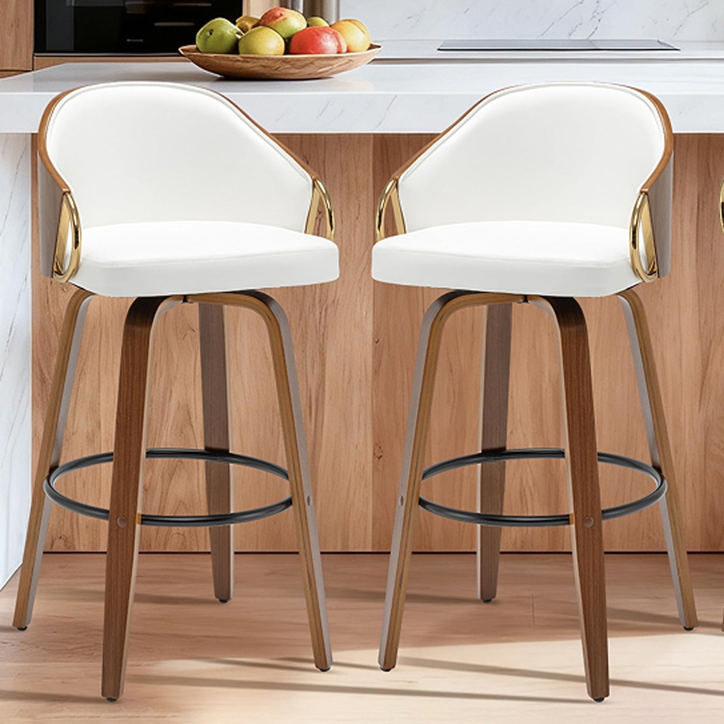YOUUGIOR 30" Swivel Bar Height Bar Stools Set of 2,White Leather Tall Barstools Mid Century Modern Bar Chairs with Wood Legs and Golden Arms for Kitchen Dining Pub Cafe