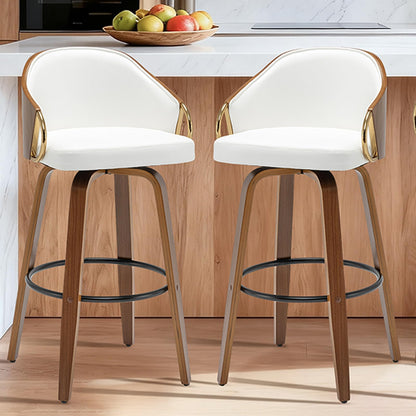 YOUUGIOR 30" Swivel Bar Height Bar Stools Set of 2,White Leather Tall Barstools Mid Century Modern Bar Chairs with Wood Legs and Golden Arms for Kitchen Dining Pub Cafe