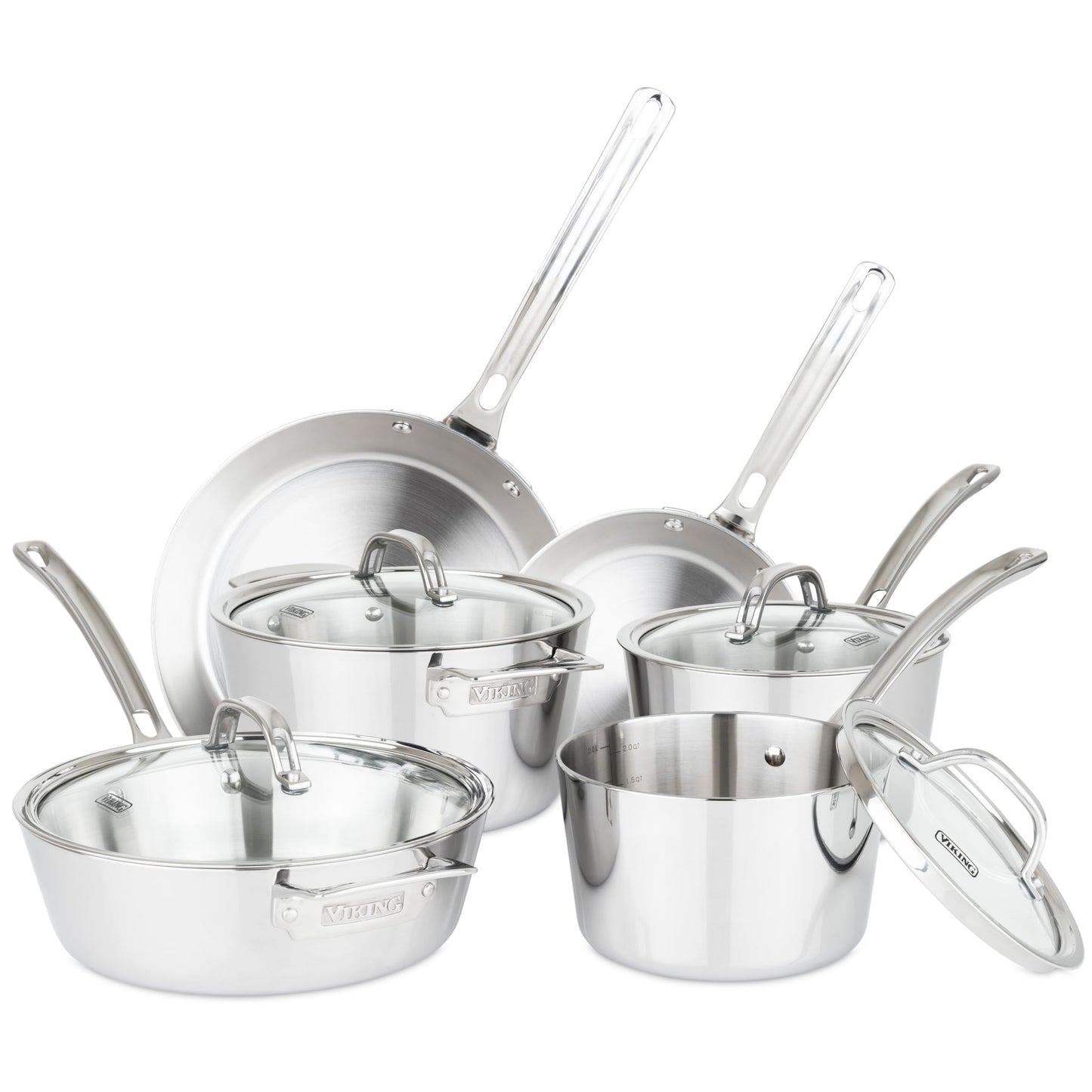 Viking Contemporary 3-Ply Pots and Pans Set, 10 Piece Stainless Steel Kitchen Cookware, Silver