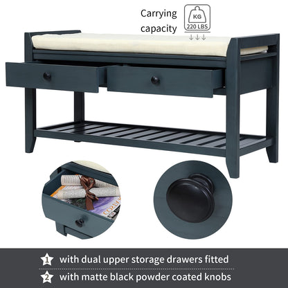 Acosure 42″ Storage Bench with 2 Drawers and 2 Cabinets，Multipurpose Entryway Shoe Rack W/Removable Cushion，for Living Room Hallway Porch,White