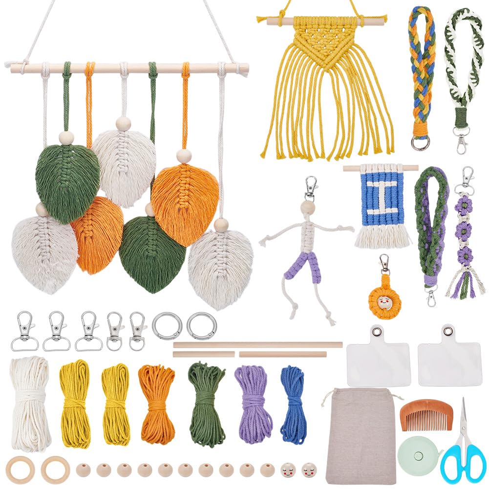 INFUNLY 9 Sets DIY Macrame Kit for Adults Beginners Boho Macrame Wristlet Keychain Kit Macrame Leaves Wall Hanging Ornament Kit with Instruction for Beginners Car Key Charm Women Gift Phone Bedroom