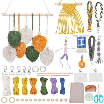 INFUNLY 9 Sets DIY Macrame Kit for Adults Beginners Boho Macrame Wristlet Keychain Kit Macrame Leaves Wall Hanging Ornament Kit with Instruction for Beginners Car Key Charm Women Gift Phone Bedroom