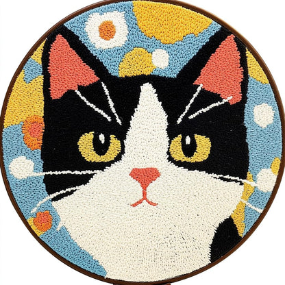 DIY Punch Needle Kits Cute Cartoon Black White Cat Easy for Beginners Punch Needle Yarn Starter Embroidery Set for Craft Lovers with Hoop for Home Decor 20x20cm(1)