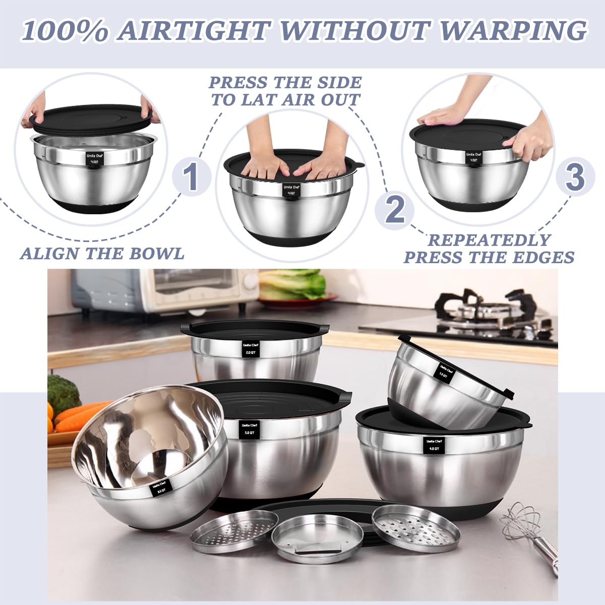 Umite Chef Mixing Bowls with Airtight Lids, 8PCS Stainless Steel Nesting Mixing Bowls Set, 3 Grater Attachments & Non-Slip Bottoms, Black Kitchen Bowls, Size 5, 4, 3.5, 2, 1.5QT for Baking & Serving