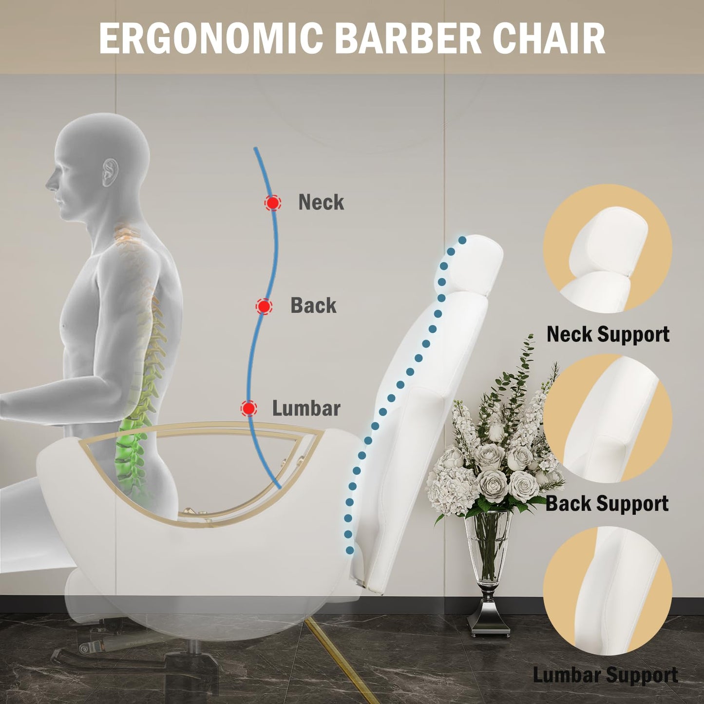Tythical Salon Chair for Hair Stylist, Reclining Hair Salon Chair for Home, Barber Styling Chairs with Heavy Duty Hydraulic Pump, 360 ° Swivel, Multi-Function Beauty Spa Equipment Cream White Gold