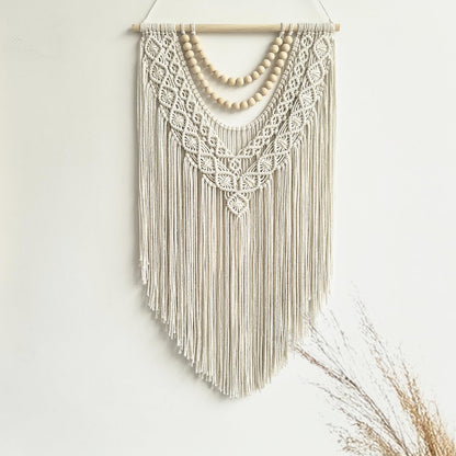 guzhiou Macrame Wall Hanging Boho Geometric Woven Tapestry Cotton Handmade Bohemian Art Decor with Wood Bead Wall Decor for Bedroom Living Room Apartment Nursery 31.5" L x 17" W (Wood bead-B)