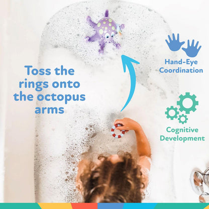 Nuby Floating Octopus Toy with 3 Hoopla Rings - Baby Bath Toy for Boys and Girls - 18+ Months - Purple (Pack of 1)