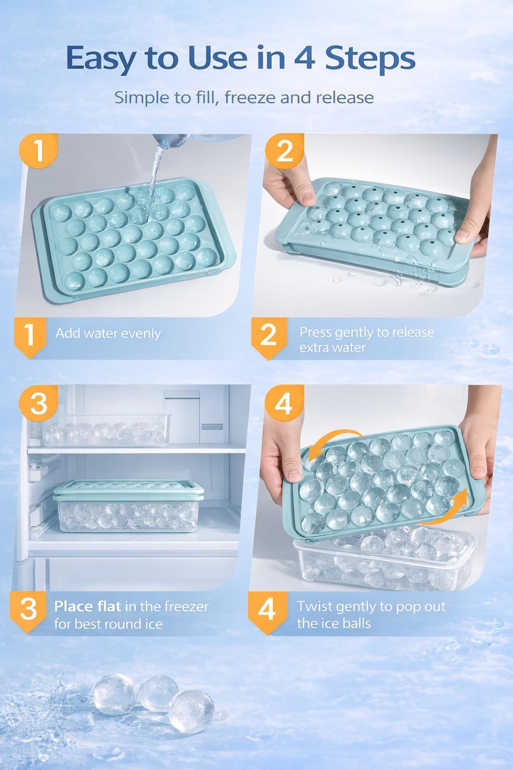 WIBIMEN Ice Cube Tray with Lid and Bin - Round Ice Trays for Freezer with Lid - Ice Cube Trays for Freezer with Ice Container (1"-2PACK Blue)