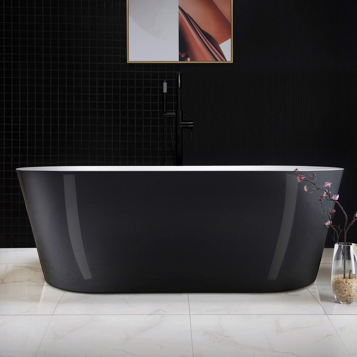WOODBRIDGE 67" Freestanding Acylic Soaking Bathtub with White, Drain and Overflow in Matte, BTA1813-MB-Drain &O, Matte Black