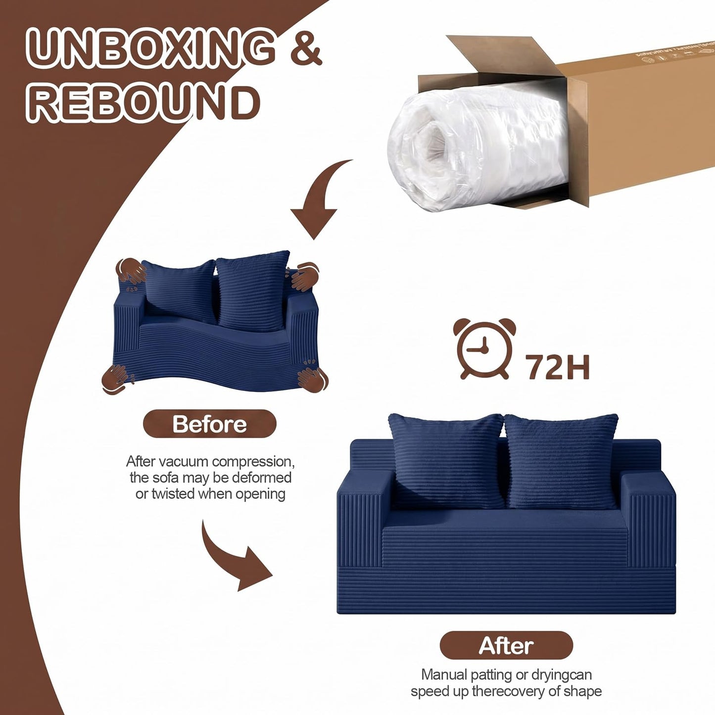 Winzoo Boneless Loveseat Couch Folding Sofa Bed, Foldable Floor Futon Sleeper Couch Bed - Convertible Sofa Bed, Corduroy Pull Out Sofa Bed with 2 Pillows for Living Room & Bedroom