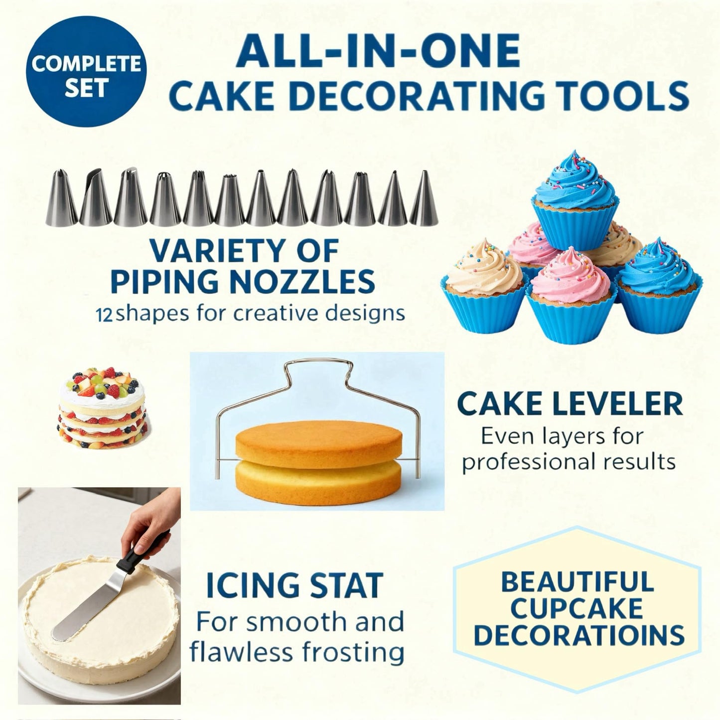 82 Pcs Cake Decorating Kit with Non-Slip Turntable, Stand,Leveler, 12 Piping Nozzles, Spatulas,Cupcake, 2 Reusable & 50 Disposable Bags,Complete Starter Set for Beginners & Home Bakers
