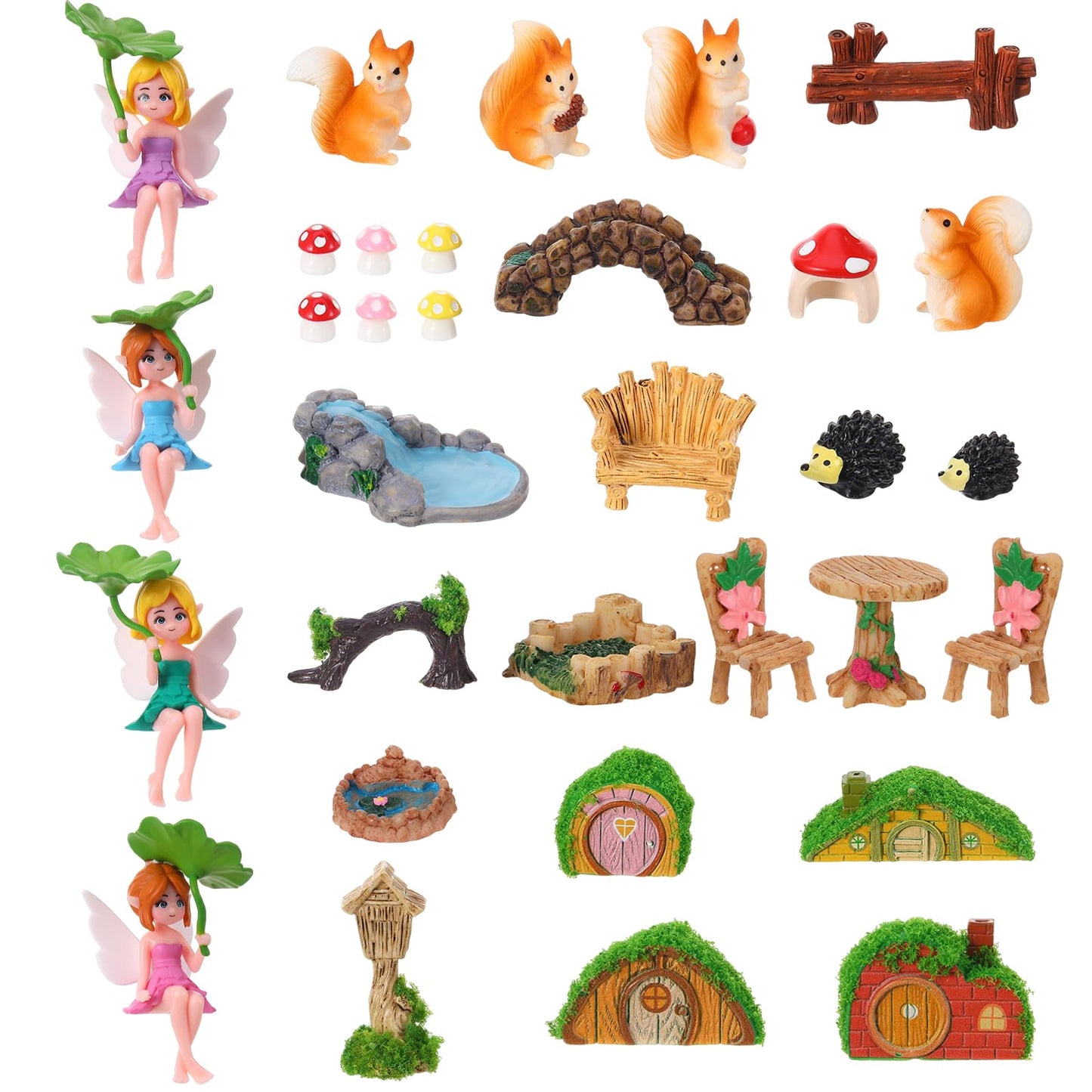 GGSTDDUP 32 PCS Mini Fairy Garden Accessories Kit Miniature Garden Ornaments Included Resin House Statues Tiny Fairies Figurines Animal Plant Set for DIY Terrarium Potted Plants Dollhouse Desk Decor