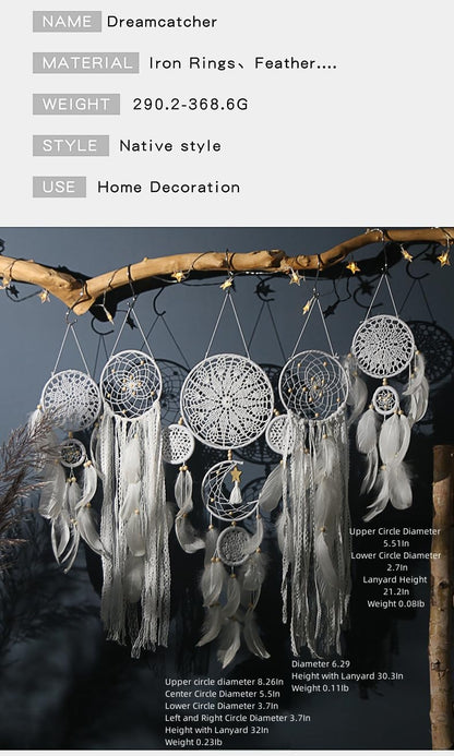 Boho Dream Catcher Wall Hanging Set of 5 Large Moon Dream Catchers with Luxurious Feathers and Beads, Handcrafted Wall Decoration for Bedrooms, Nurseries and Living Rooms (Gray)