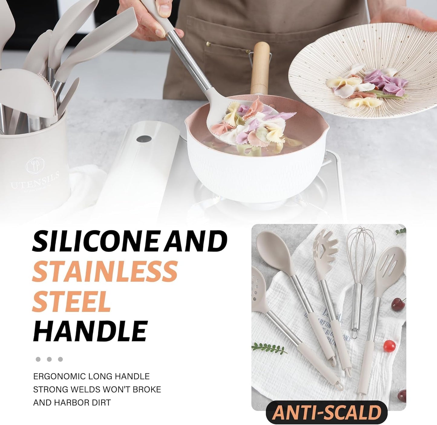 Kitchen Utensils Set 28 pcs, Hvygss Silicone Cooking Utensils with Stainless Steel Handle, Khaki