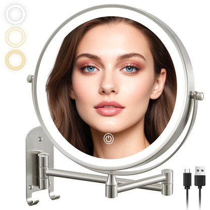 ALHAKIN 9" Wall Mounted Lighted Makeup Mirror, Large Rechargeable 1X/10X Magnifying Mirror with 3 Color Lights Dimmable, 360° Rotation, Nickel