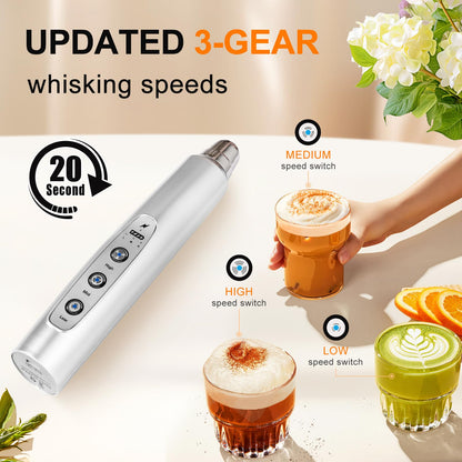 YUSWKO Rechargeable Milk Frother Handheld with 3 Heads, Silver Coffee Electric Whisk Drink Foam Mixer, Mini Hand Stirrer with 3 Speeds Adjustable for Latte, Cappuccino, Hot Chocolate, Egg
