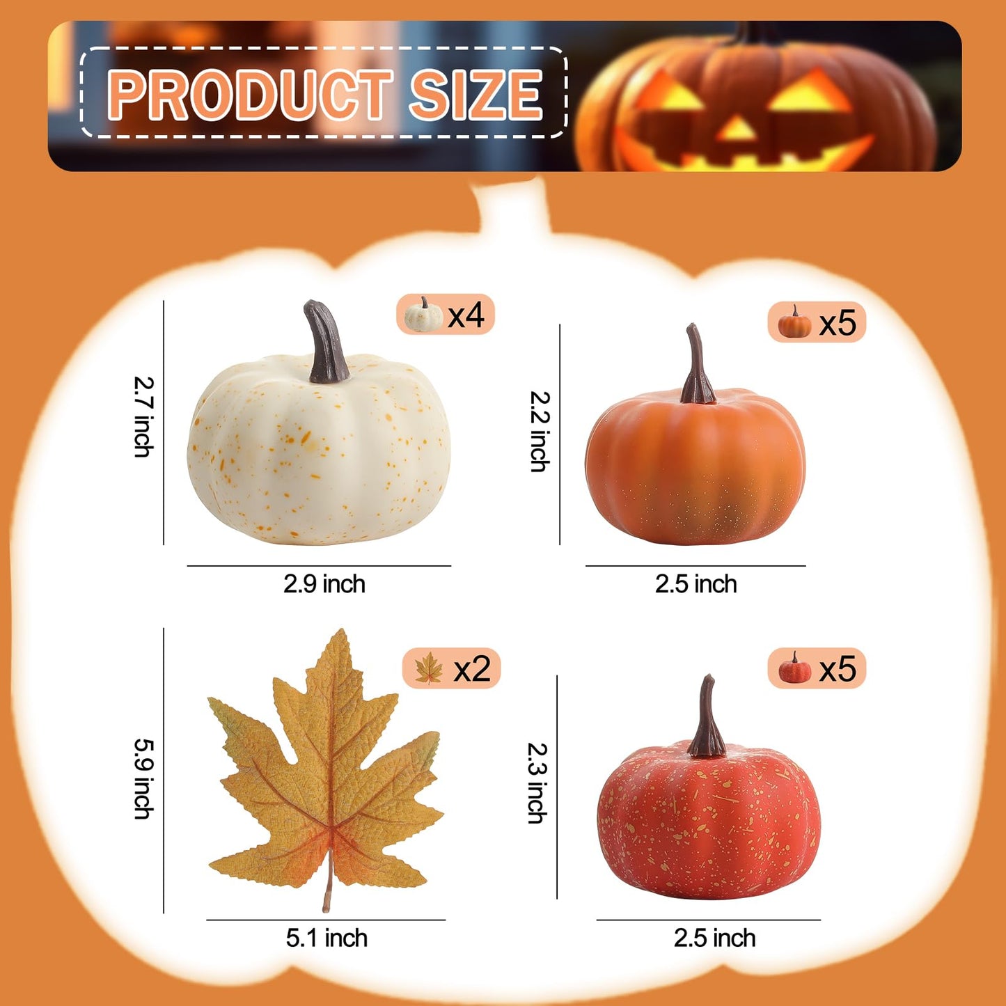 LZNPA 16PCS Artificial Mini Fake Pumpkins Set with Fall Leaves，Foam Plastic Carvable DIY Small White Craft Pumpkins Decor for Thanksgiving Halloween Home Fall Porch Table Decor