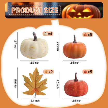 LZNPA 16PCS Artificial Mini Fake Pumpkins Set with Fall Leaves，Foam Plastic Carvable DIY Small White Craft Pumpkins Decor for Thanksgiving Halloween Home Fall Porch Table Decor