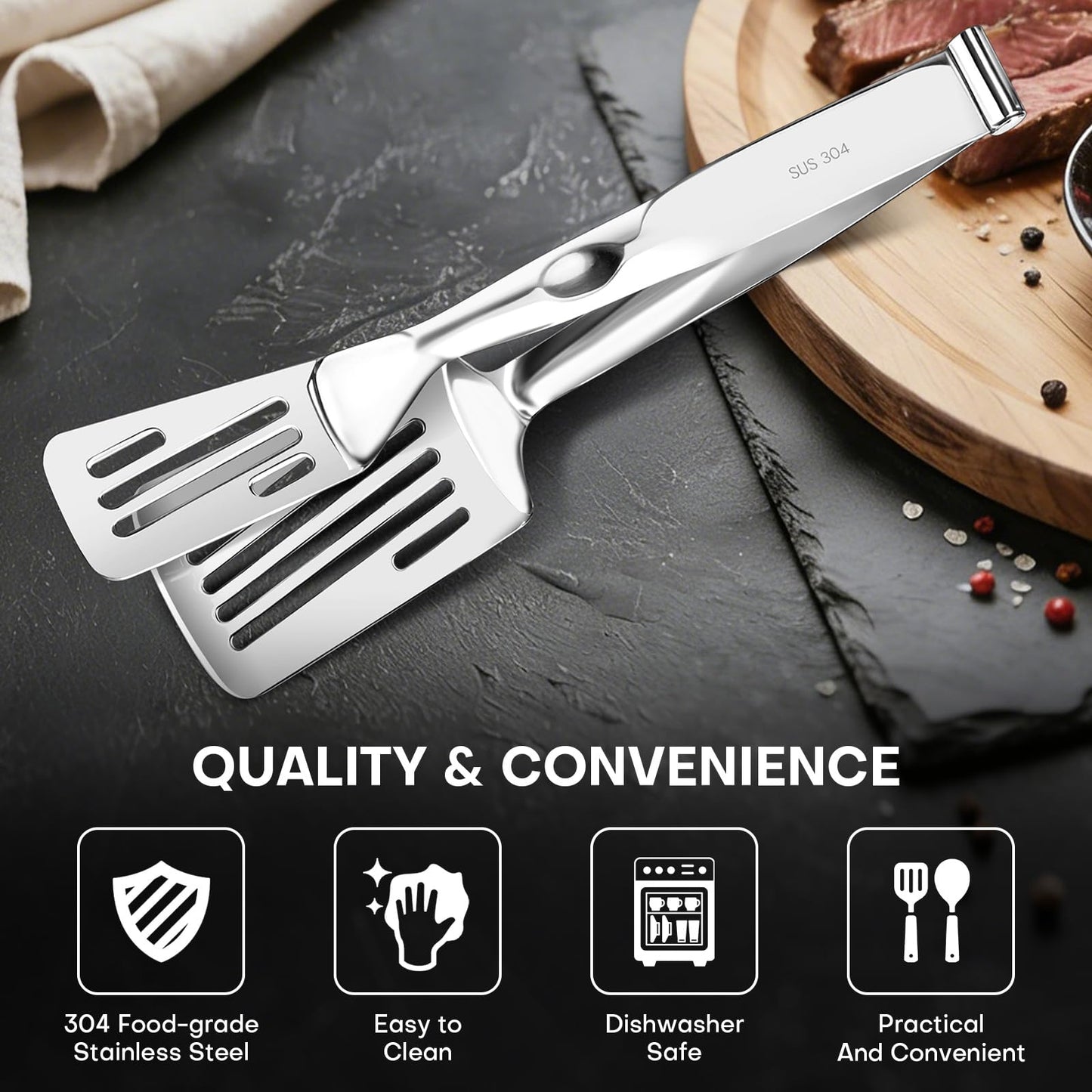 Nezylaf 2-in-1 Spatula Tongs, 11.8 Inch 304 Stainless Steel Kitchen Tongs for 12 Inch Cooking Use, Detachable Metal Tongs with Oil Drain Holes for Grilling Frying Steak