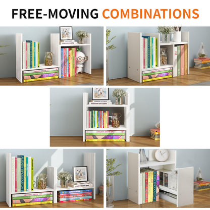YSJILIDE Wood Adjustable Small Desktop Bookshelf, Expandable Storage Organizer, Organizer Office Storage Rack, Display Shelf Rack, Office Supplies Desk Organizer(White)