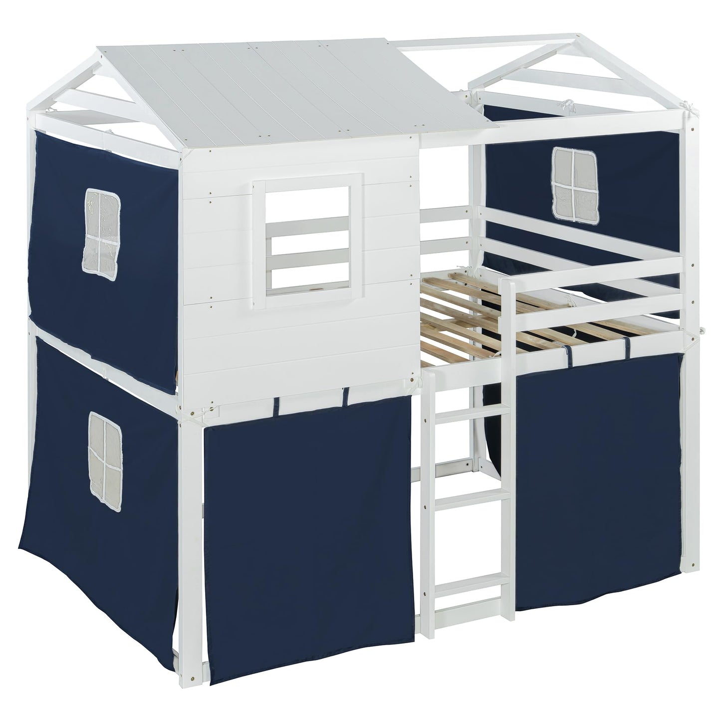 Full Over Full Bunk Bed with Tent, Wood Full Size House Bed Frame, Blue+White