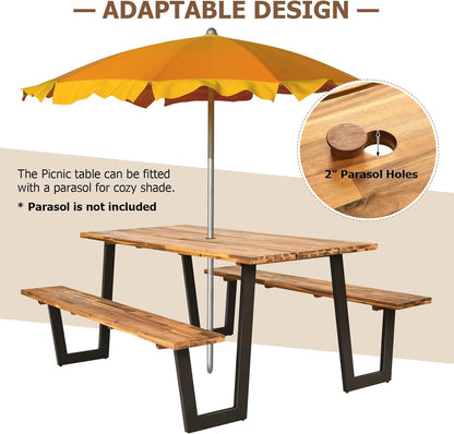 LDAILY Acacia Wood Picnic Table with Umbrella Hole, 70’’ x 30’’ Outdoor Picnic Tables with Benches for 6-8 Persons, 1600 LBS Max Load, Metal Frame & 2" Umbrella Hole, Party, Garden, Yard, Patio, Lawn