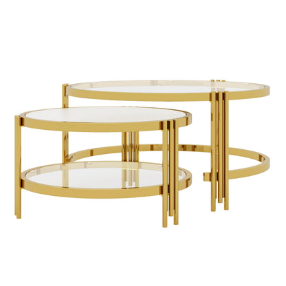 Merax 2-Piece Nesting Round Coffee Table Set, Gold Finish Metal Frame with Textured Tempered Glass Tops, Modern Stylish Accent & Side Table for Living Room, Bedroom, Apartment, Office, Transparent