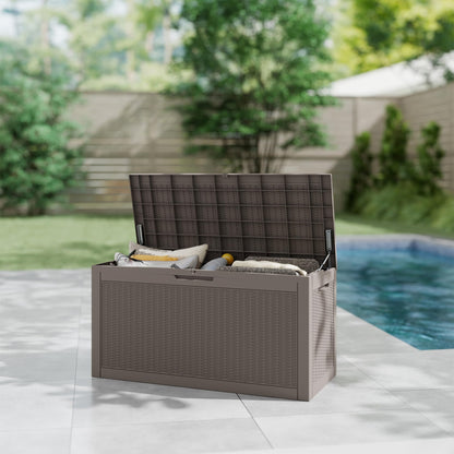LAUSAINT HOME 320 Gallon Resin Deck Box, Package Delivery Box with Lockable Lid, Waterproof Outdoor Storage Box For Garden Tools, Patio Cushions(320 Gallon,Brown)