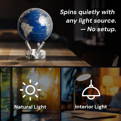 MOVA Globe - Royal Blue and Silver Classic (4.5") | Solar-Powered Spinning Decor for Desk | Self-Rotating Modern Earth Globe | No Batteries Required