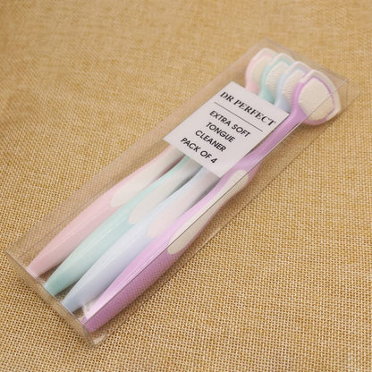 DR PERFECT Soft Tongue Brush Scraper Cleaner Helps Fight Bad Breath Clean Your Tongue Without Hurt Pack Of 4 (GREEN PURPLE BLUE PINK)