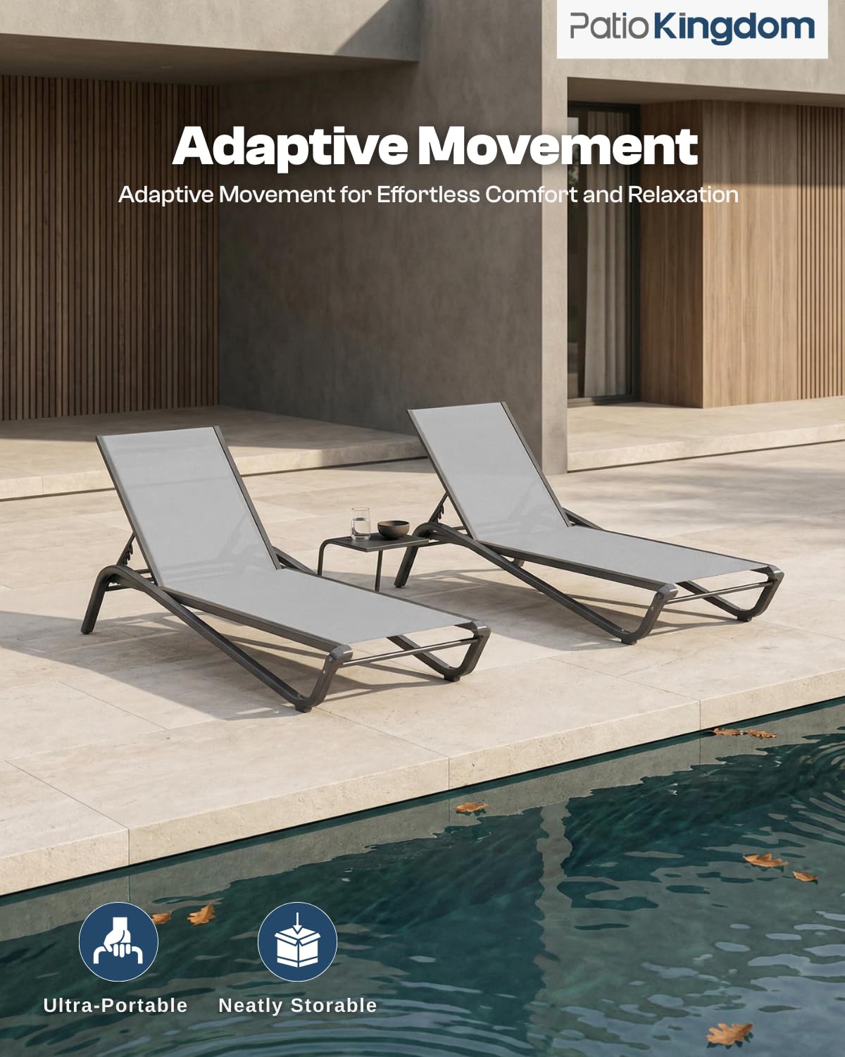 Patio Kingdom 3-Piece Patio Chaise Lounge Set with Side Table, Set of 2 Adjustable Pool Chairs and Aluminum Bistro Table, All-Weather Outdoor Furniture for Pool Deck, Patio & Tanning, Light Grey