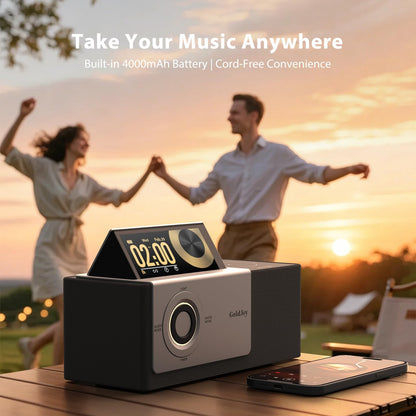 GoldJoy 7-in-1 Bluetooth Speaker Wireless Charging Station, Smart Flip-Up LCD Display Clock Syncs Phone's Time and Date, Sunset Lamp & White Noise for Sleep, 4000mAh Battery for Home, Outdoors