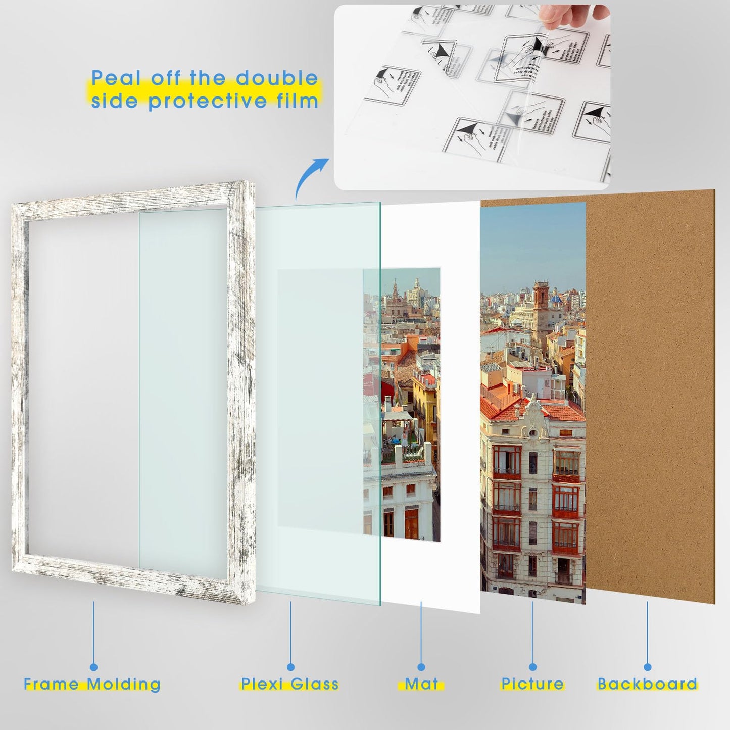 Frametory, 12x16 Picture Frame, Display Pictures 8.5x11 With Mat or 12x16 without Mat, for Poster Print Diamond Painting Wall Frame - Wide Molding (Distressed White)