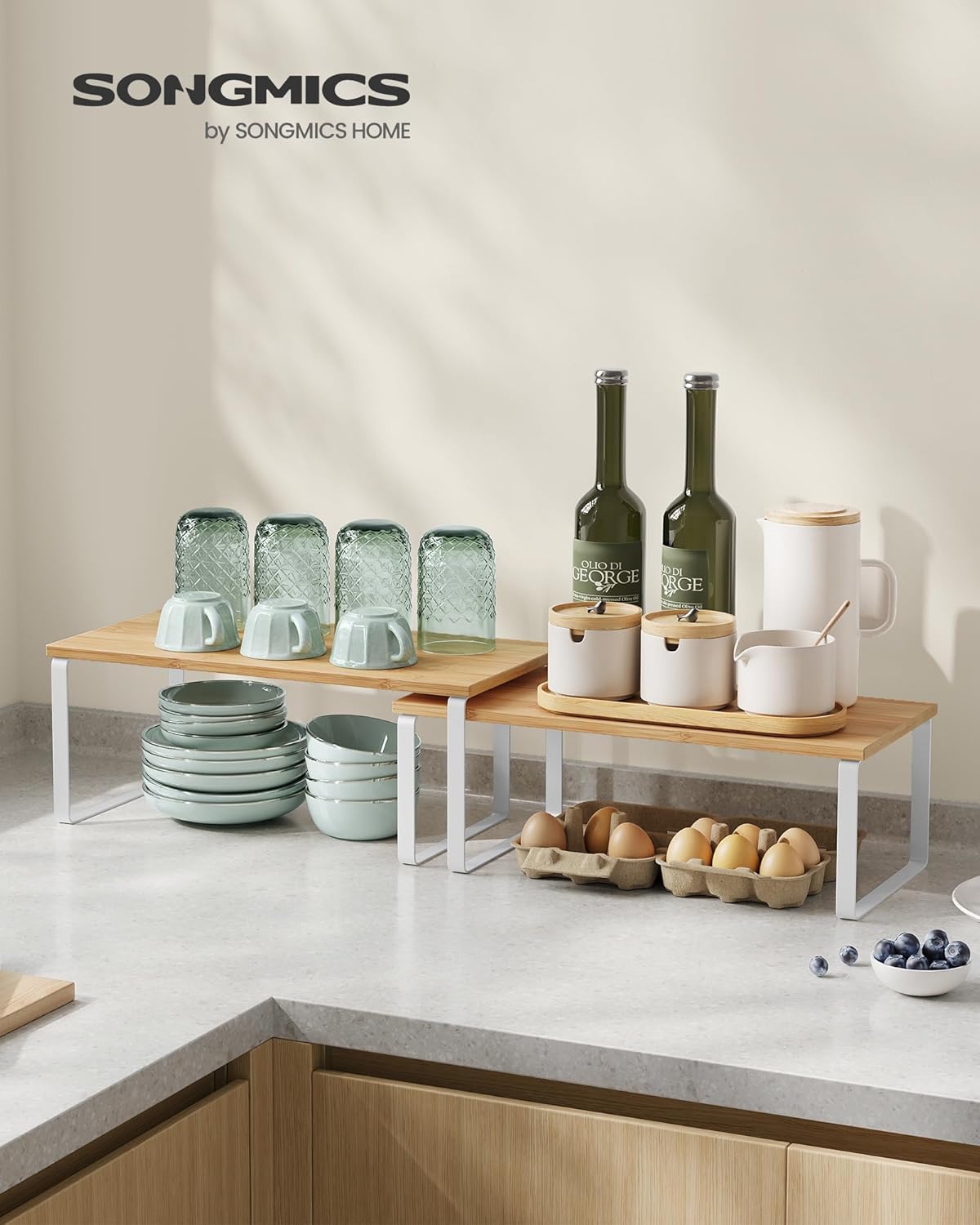SONGMICS Cabinet Organizer Shelf, Set of 4 Kitchen Storage, Spice Rack, Stackable, Expandable, Metal and Engineered Wood
