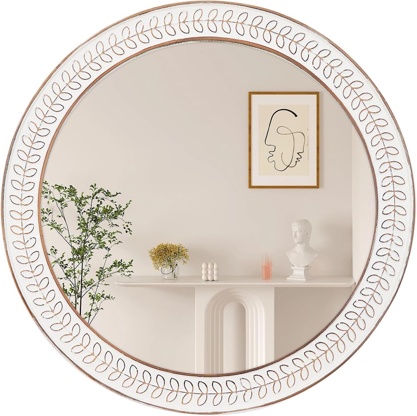 fuxuiwy 24 inch Round Rustic Wooden Mirrors, Distressed Circle Mirror for Bathroom, Bedroom, Living Room, Entryway, Fireplace, Hall