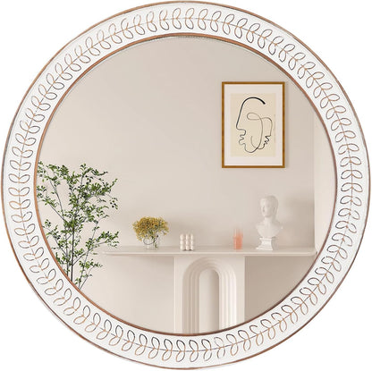 fuxuiwy 24 inch Round Rustic Wooden Mirrors, Distressed Circle Mirror for Bathroom, Bedroom, Living Room, Entryway, Fireplace, Hall