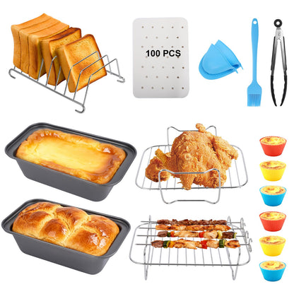 Air Fryer Accessories, 16pcs Set for Ninja DZ401 DZ201 Foodi Dualzone Air Fryers with 100pcs Air Fryer Liners, 2 Non-Stick Pans, Bread,Toasting,Skewer Racks, Food clip, 6 Cake Cups, 2 Mitts