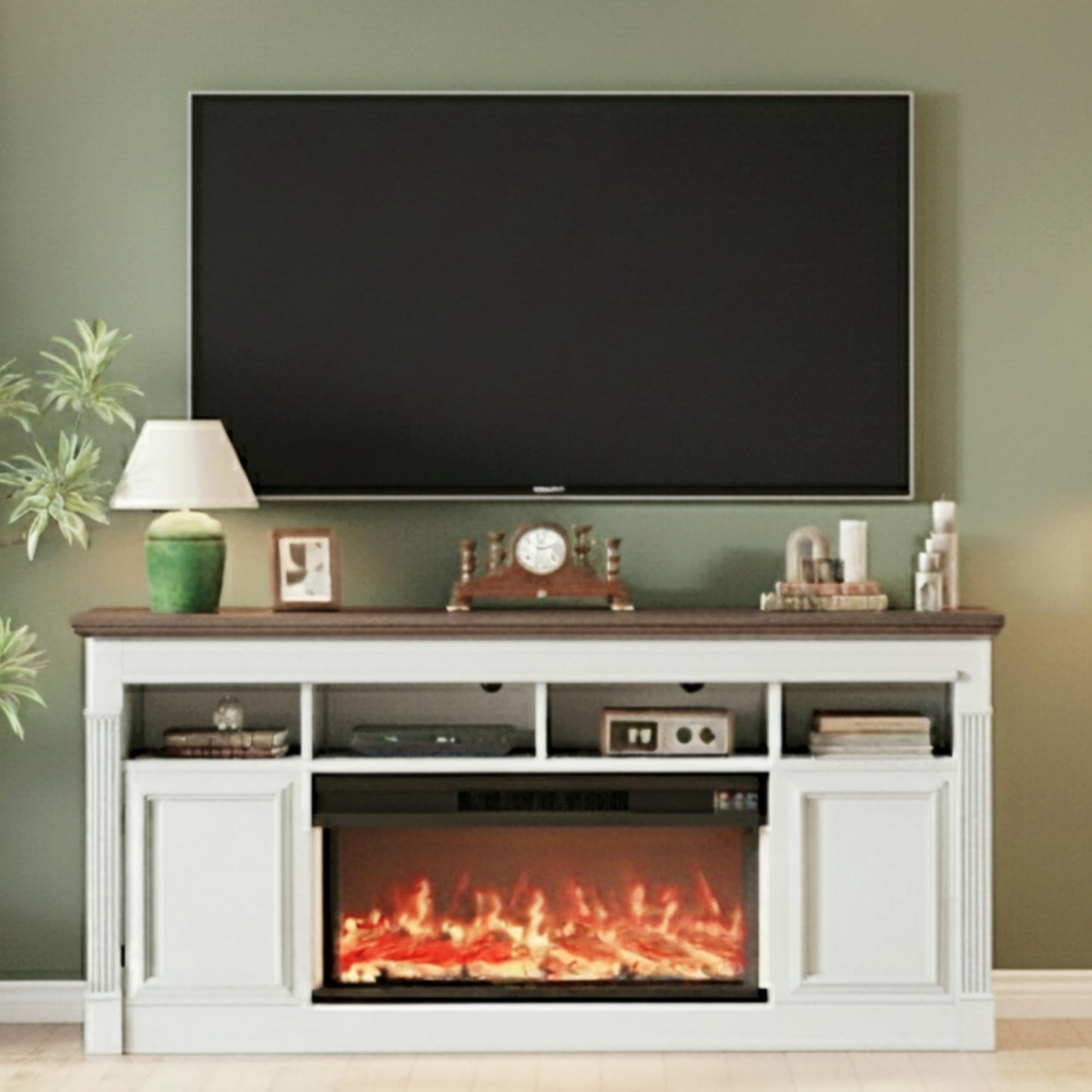 GarveeLife 68" Fireplace TV Stand for TVs Up to 75", Entertainment Center with 36'' Corded Electric Fireplace, Remote Controlled Realistic 3D Flame, Console Table with Storage Shelves, White & Brown
