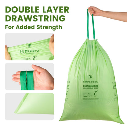 SUPERBIO 13 Gallon Compostable Drawstring Kitchen Waste Bag, 49.2 Liter, 30 Count,1 Mil, Heavy Duty Food Scrap Bags, BPI, Seedling and OK compost INDUSTRIAL